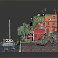 Cartoon Scene With Colorful Houses Small Boat Water Stone Steps And Green Trees