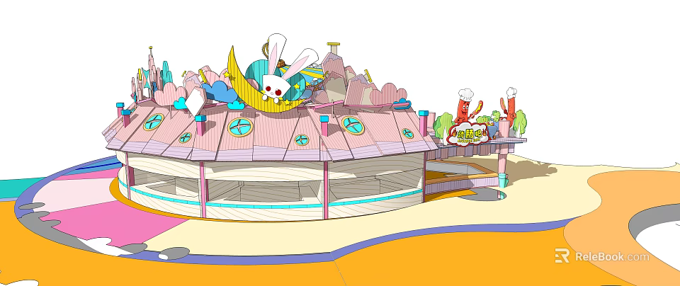Colorful Children's Playground Equipment With Pink Building Moon Shape And Rabbit Decorations 3d model 
