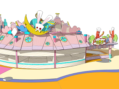 Colorful Children's Playground Equipment With Pink Building Moon Shape And Rabbit Decorations 3d model