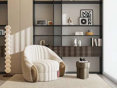White Striped Single Sofa With Brown Armrests In Living Room With Bookshelf And Floor Lamp 3d model