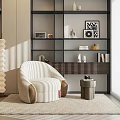 White Striped Single Sofa With Brown Armrests In Living Room With Bookshelf And Floor Lamp