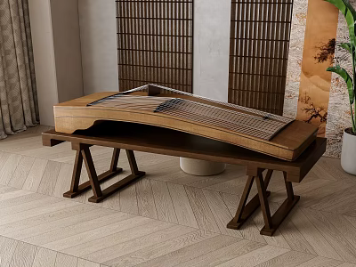 Traditional Chinese Guzheng On Wooden Stand With Indoor Wooden Lattice And Plant Decoration 3d model
