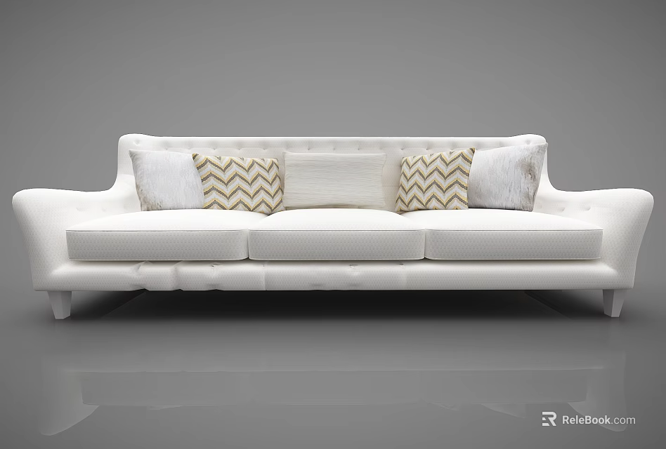 White Three Seater Sofa With Geometric Pattern Cushions And Modern Design 3d model