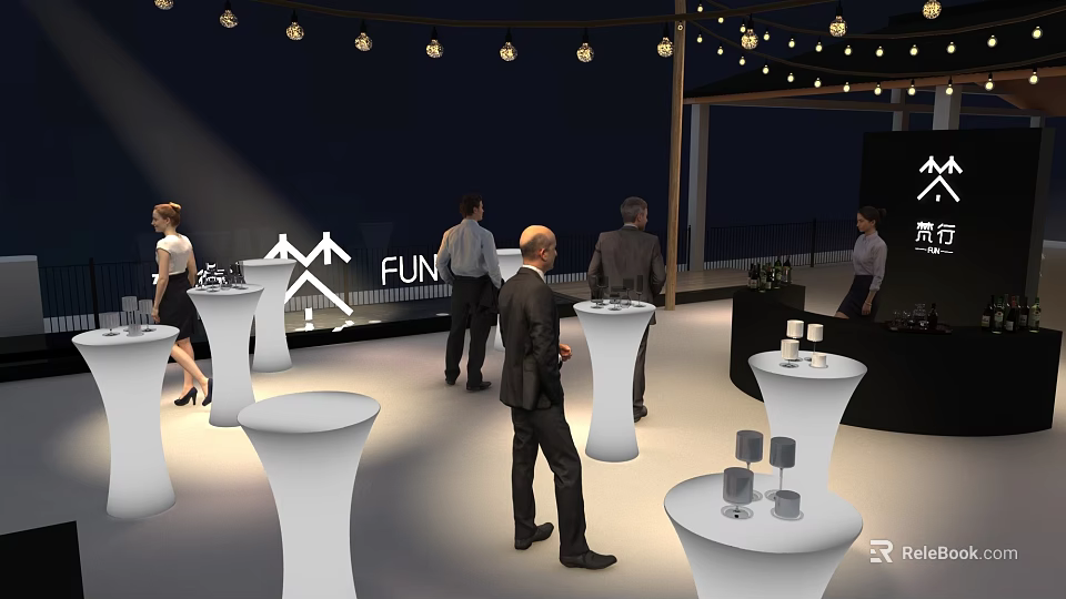 Commercial Equipment For Modern Exhibition Space With White High Top Tables And People Interacting 3d model 