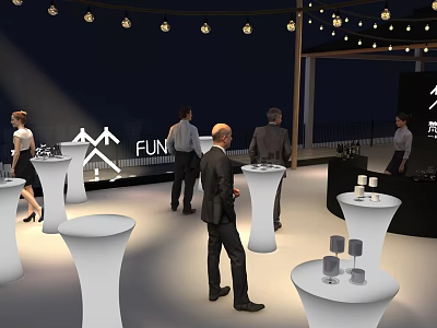 Commercial Equipment For Modern Exhibition Space With White High Top Tables And People Interacting 3d model