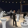 Commercial Equipment For Modern Exhibition Space With White High Top Tables And People Interacting