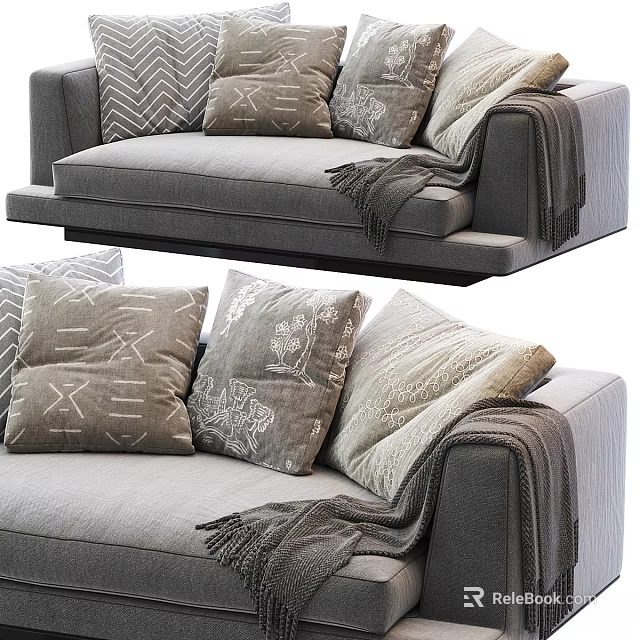Modern Linen Double Sofa With Patterned Pillows And Knitted Throw 3d model 