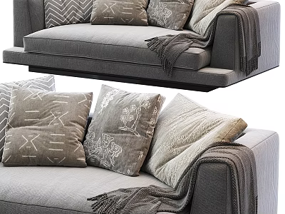 Modern Linen Double Sofa With Patterned Pillows And Knitted Throw 3d model