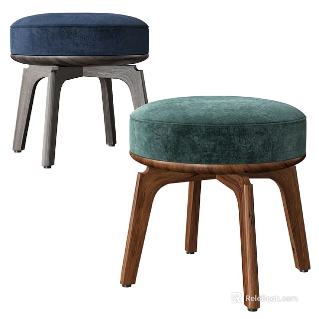 Navy Blue And Green Velvet Sofa Stools With Wooden Legs Modern Design 3d model 