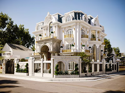 Elegant Detached Villa With White Exterior European Style Arched Porch And Balconies 3d model