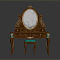Classic Wooden Vanity Table with Oval Mirror and Carved Details Matching Stool with Teal Cushion