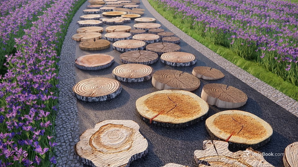 Scenic Garden Path With Wooden Stump Stepping Stones And Purple Flowers 3d model 