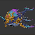 Vibrant Mythical Whale Creature Character Design with Golden Armor Unicorn Horn and Glowing Gem