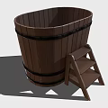 Wooden Barrel With Metal Hoops And Small Wooden Step Ladder