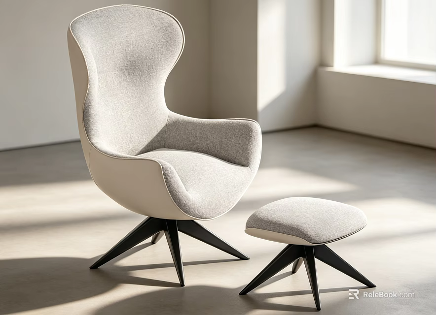 Modern Light Gray Lounge Chair With Ottoman And Black Three Legged Base In Bright Room 3d model 