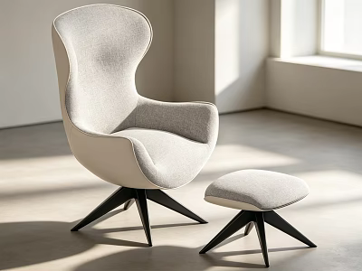 Modern Light Gray Lounge Chair With Ottoman And Black Three Legged Base In Bright Room 3d model