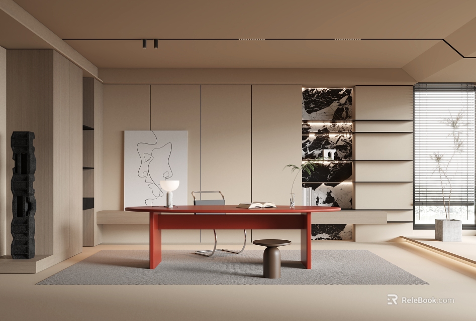Modern Minimalist Study Room With Red Desk And Artwork 3d model 