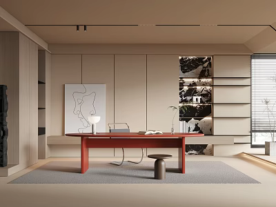 Modern Minimalist Study Room With Red Desk And Artwork 3d model