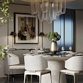 Elegant Restaurant Dining Area With Round Marble Table Chandelier Green Plant Artwork And Stylish Chairs