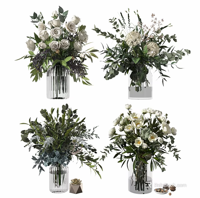 Decorative Modern Glass Vase Flower Arrangements With White Roses And Greenery 3d model 