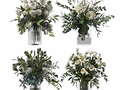 Decorative Modern Glass Vase Flower Arrangements With White Roses And Greenery 3d model