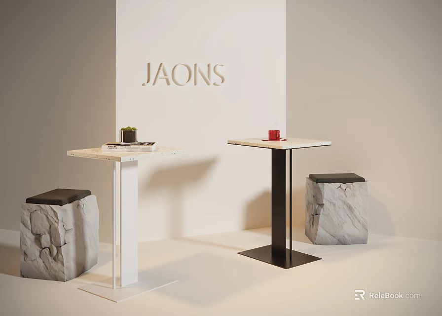 Modern Table And Stool Set With Square Marble Top White Black Legs Stone Stools 3d model 