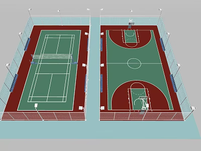 Indoor Badminton Court Facility With Adjacent Basketball Court And Lighting System 3d model