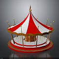 Children Playing On Colorful Carousel With Red And White Striped Top And Golden Decorations