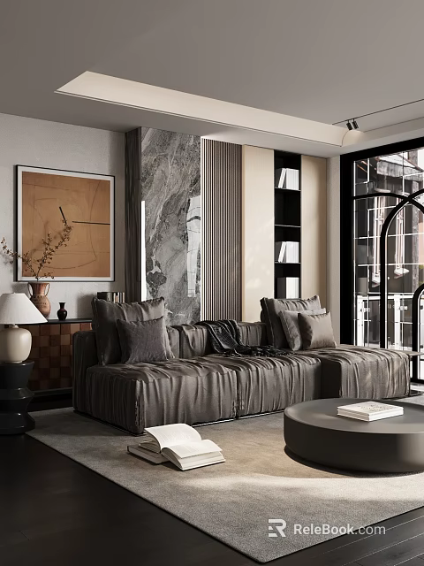 Modern Living Room Interior With Grey Leather Sofa Pillows Round Coffee Table And Marble Wall 3d model 