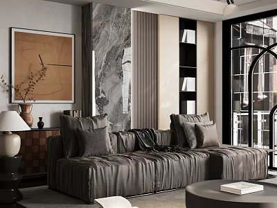 Modern Living Room Interior With Grey Leather Sofa Pillows Round Coffee Table And Marble Wall 3d model
