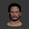 Man 3D Head Model With Dark Hair Beard Facial Blood And Scars On Gray Background