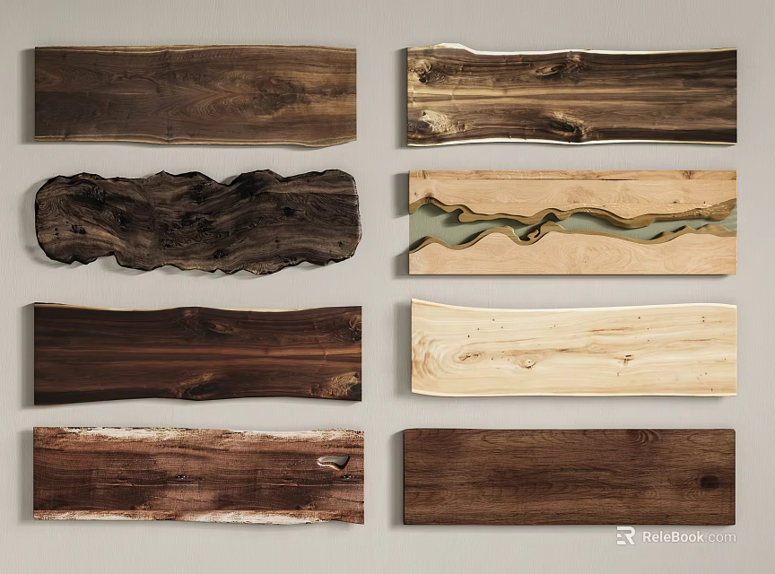 Various Types of Natural Wood and Stone Slabs with Unique Textures and Premium Decorative Designs 3d model 