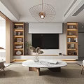 Elegant Modern Living and Dining Room With Beige Sofa Armchairs Round Coffee Table And Artwork