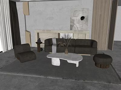 Modern Minimalist Sofa and Coffee Table Set with Armchair Ottoman and Abstract Painting 3d model