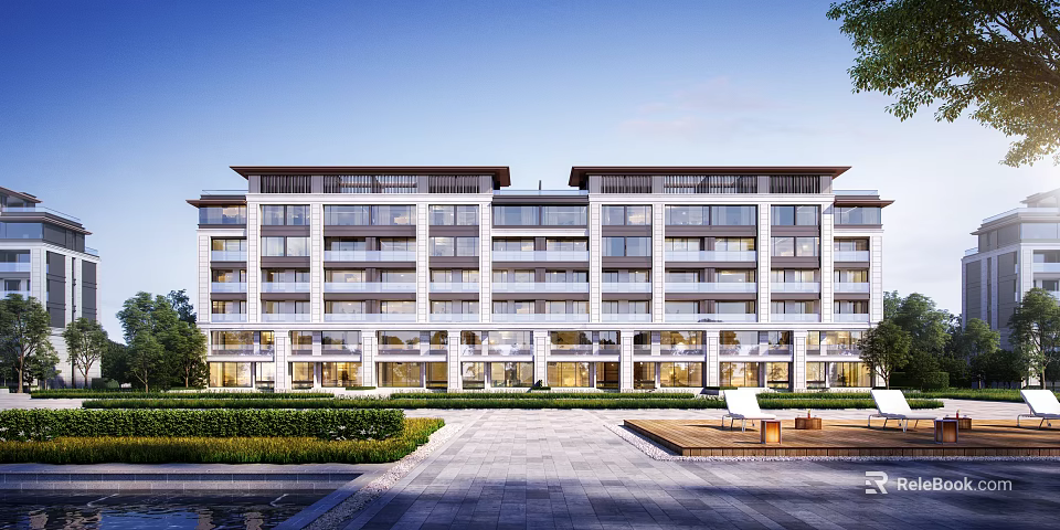 Modern Multi Floor Residential Building Exterior With Large Windows Landscaped Garden And Courtyard Path 3d model 