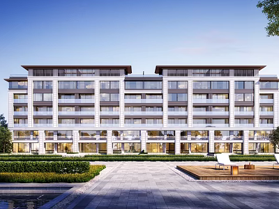 Modern Multi Floor Residential Building Exterior With Large Windows Landscaped Garden And Courtyard Path 3d model