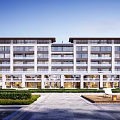 Modern Multi Floor Residential Building Exterior With Large Windows Landscaped Garden And Courtyard Path