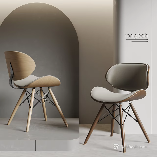 Modern Minimalist Dining Chairs With Wooden Legs and Upholstered Seats in Light Wood and Gray 3d model 