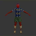 Red Skinned Figure In Intricate Patterned Bodysuit White Socks Colorful Shoes Arms Outstretched Gray Background