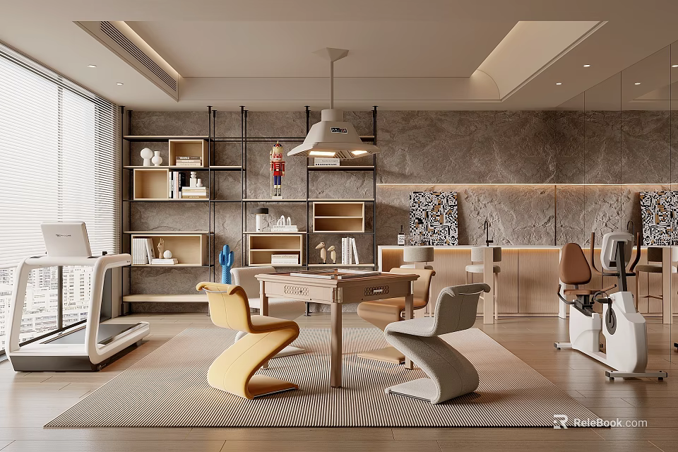 Modern Entertainment Room With Fitness Equipment Table Chairs Bookshelves And Pendant Light 3d model 