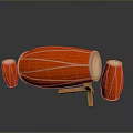 Red Traditional Drums Set With Large Main Drum And Small Side Drums On Wooden Stand