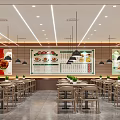 Modern Restaurant Interior With Wooden Tables Chairs Hanging Lamps And Menu Posters