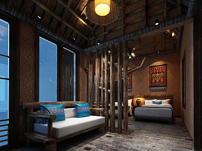 Rustic Hotel Room Interior With Wooden Structure Thatched Roof Sofa Bed And Decorative Painting 3d model