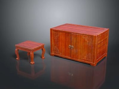 Ornate Traditional Redwood Furniture Set With Carved Cabinet And Small Table 3d model