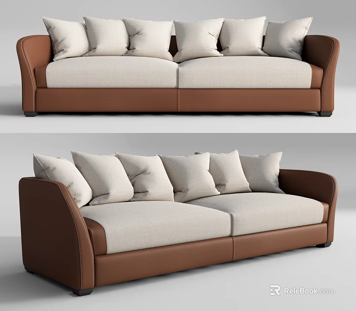 Sleek Two Seater Sofa Featuring Brown Leather And Beige Fabric With Multiple Cushions 3d model 
