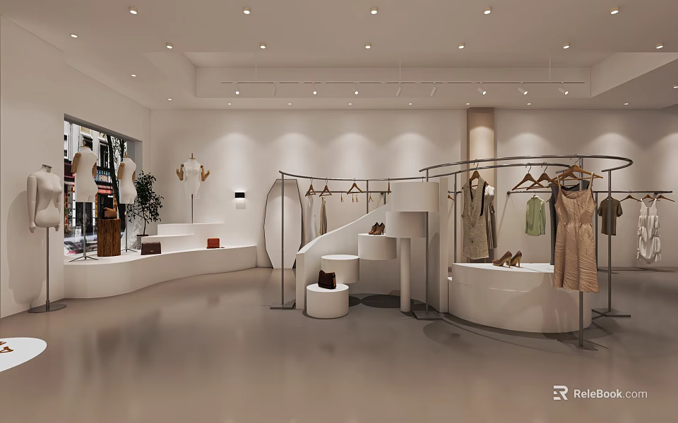 Modern Clothing Store Interior With Hanging Garments And Circular Display Racks 3d model 