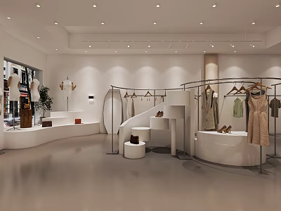 Modern Clothing Store Interior With Hanging Garments And Circular Display Racks 3d model
