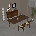 Walnut Wooden Dining Table Set With Carved Legs White Padded Chairs And Room Interior Decor