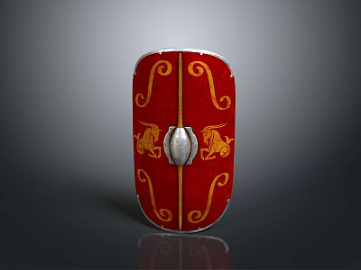 Ancient Red Shield with Gold Spiral Patterns and Lion Designs and Central Silver Metal Buckle 3d model