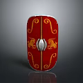 Ancient Red Shield with Gold Spiral Patterns and Lion Designs and Central Silver Metal Buckle